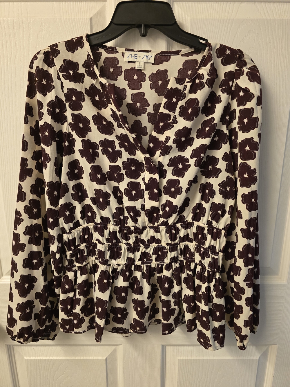 She + Sky Cream Blouse with Plum Floral Print Peplum
